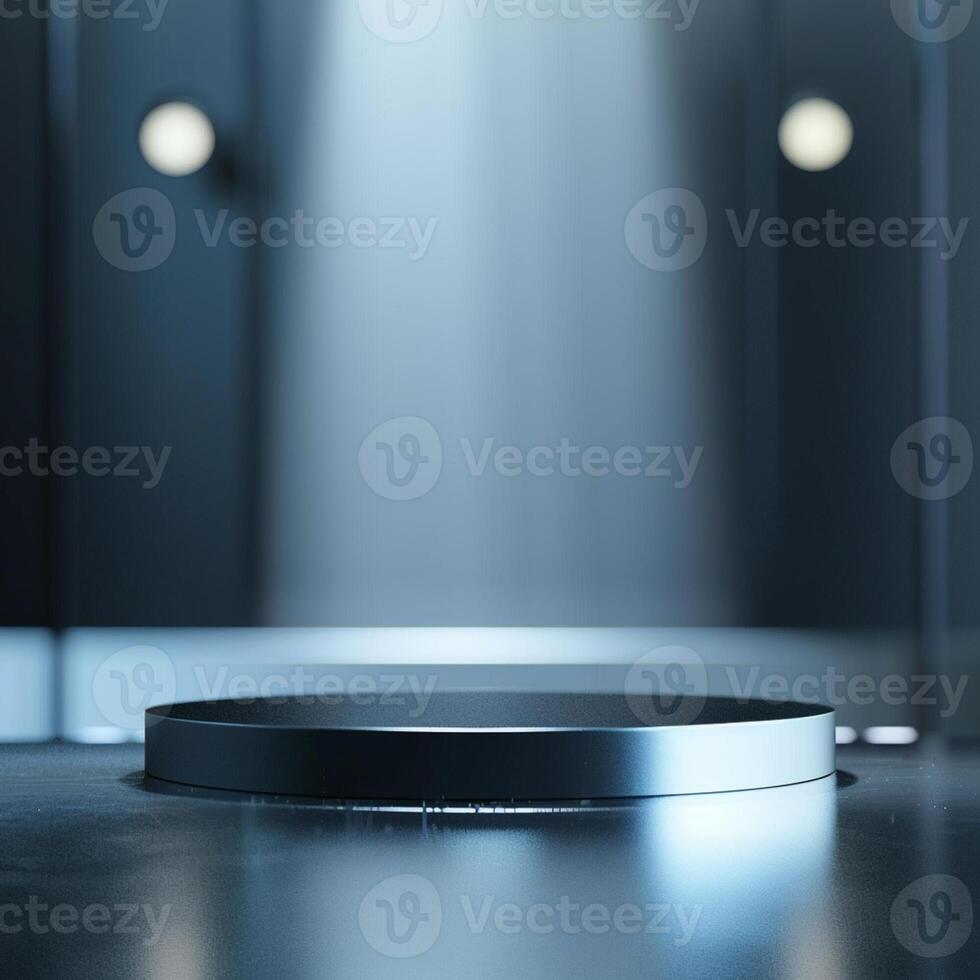 An empty podium in a dark room with lights photo