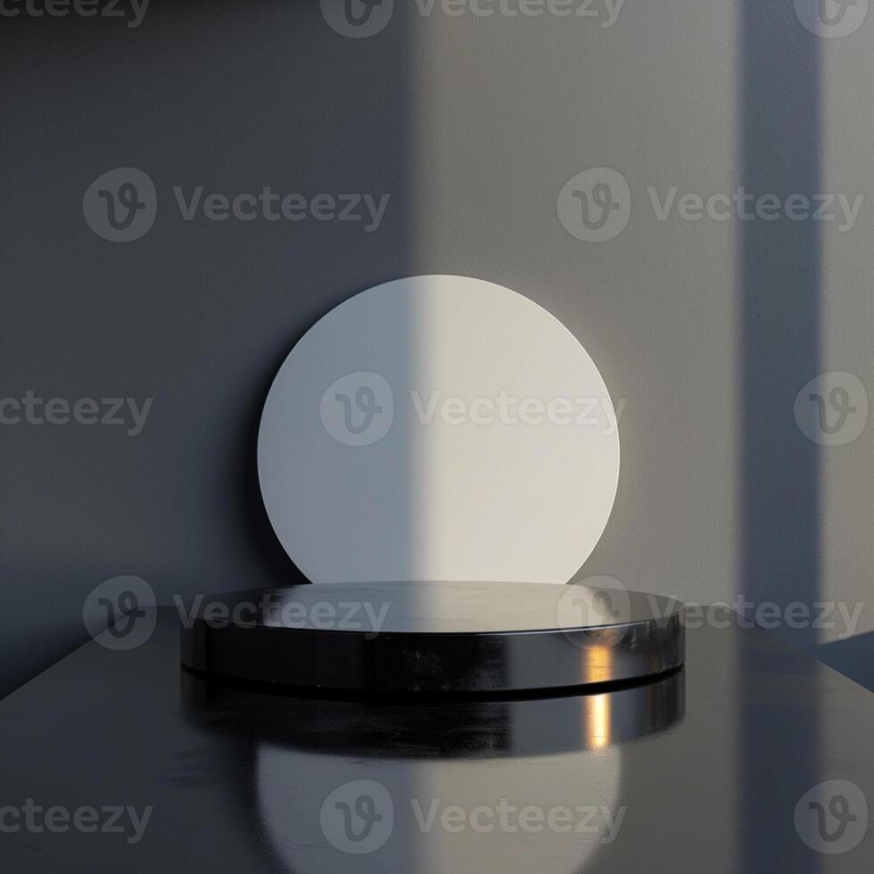 A white circular object on a table in front of a wall photo