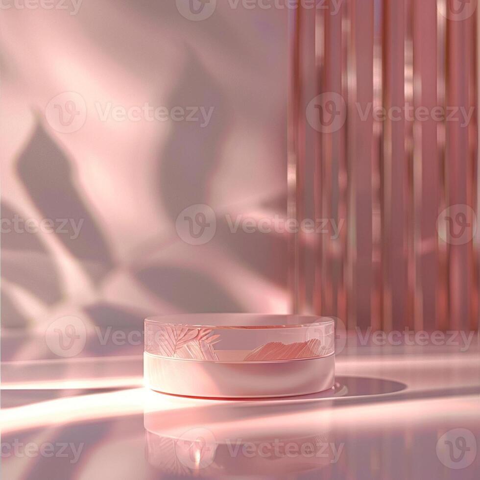 A pink container sitting on a table with a light shining on it photo