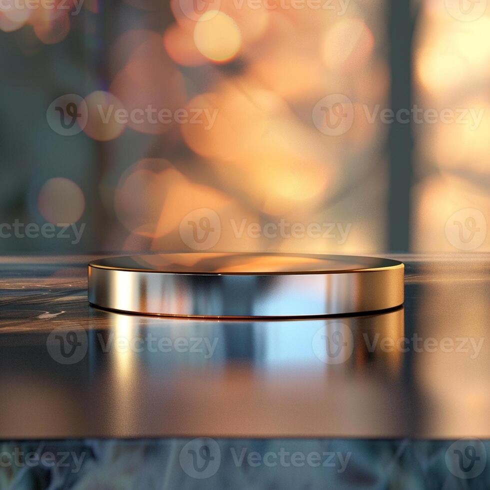 A shiny object on a table in front of a blurry background photo