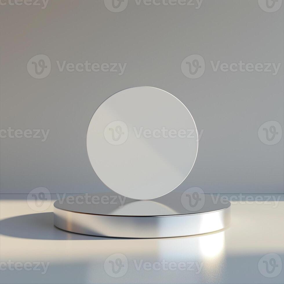 A white round object on a pedestal in front of a light photo
