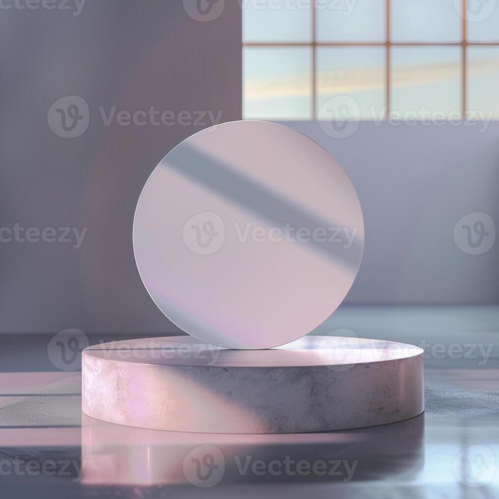 A white circular object on a pedestal in front of a window photo