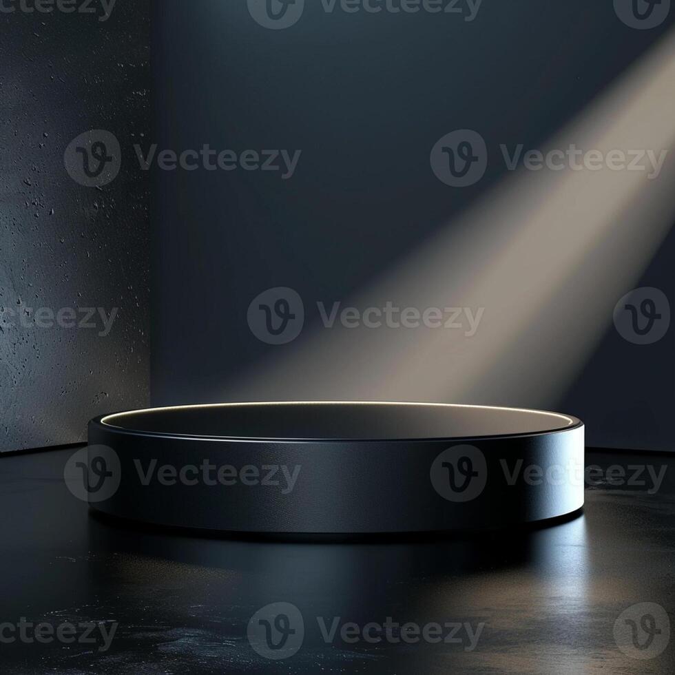 A black round table in a dark room with a spotlight photo