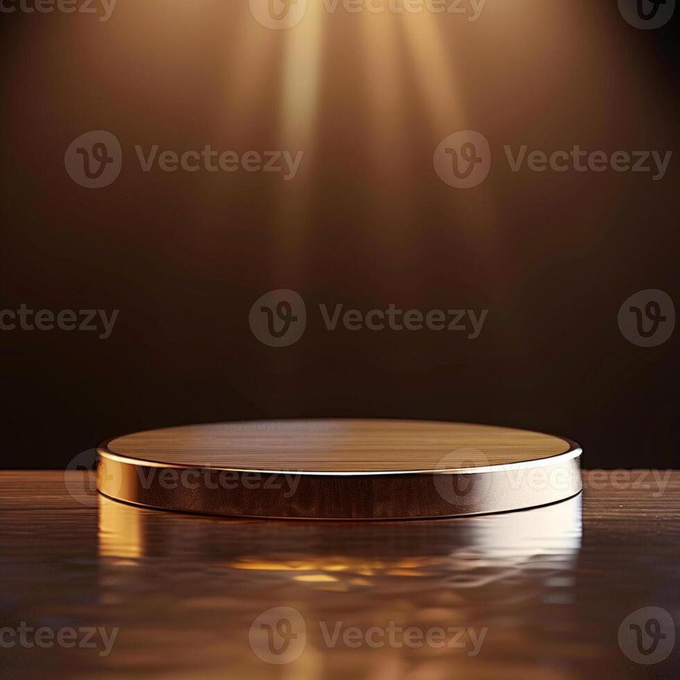 An empty wooden podium on a table with light shining from the top photo