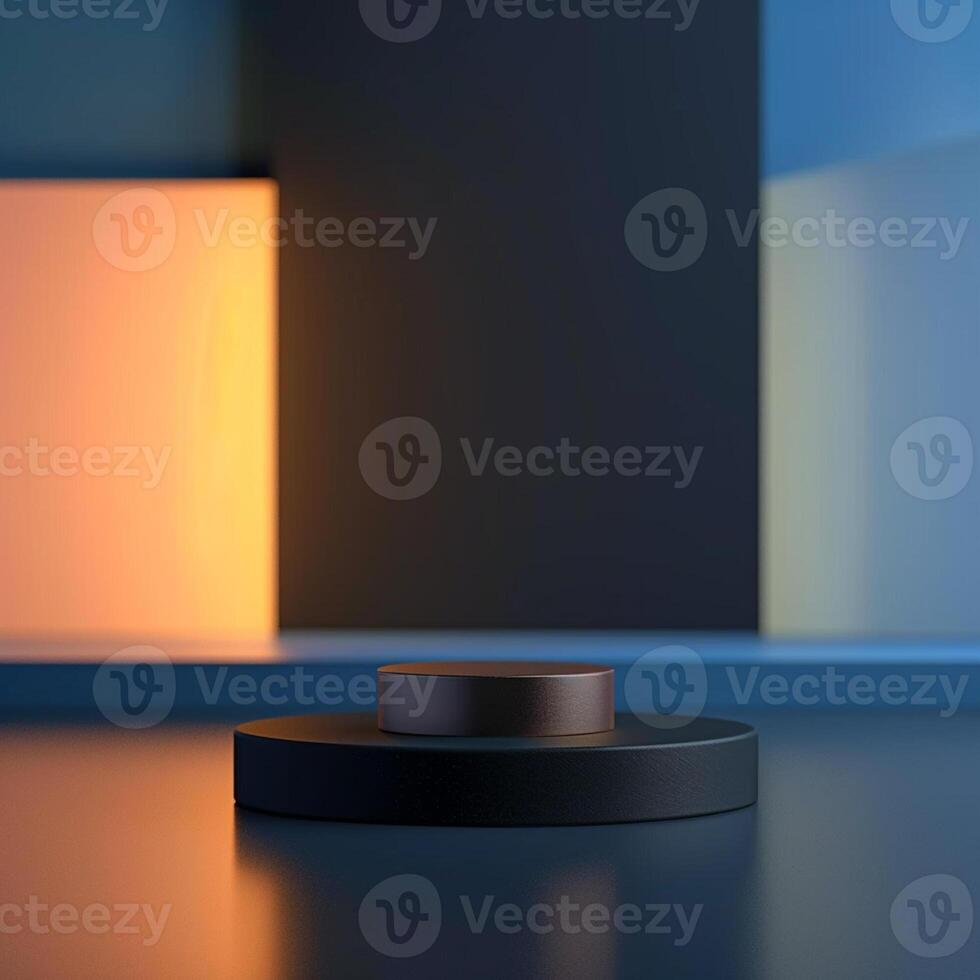 A black object on a table in front of a colorful background photo