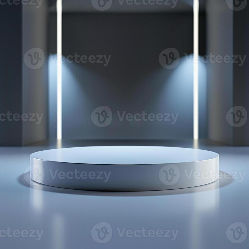 Empty white podium in a dark room with lights photo