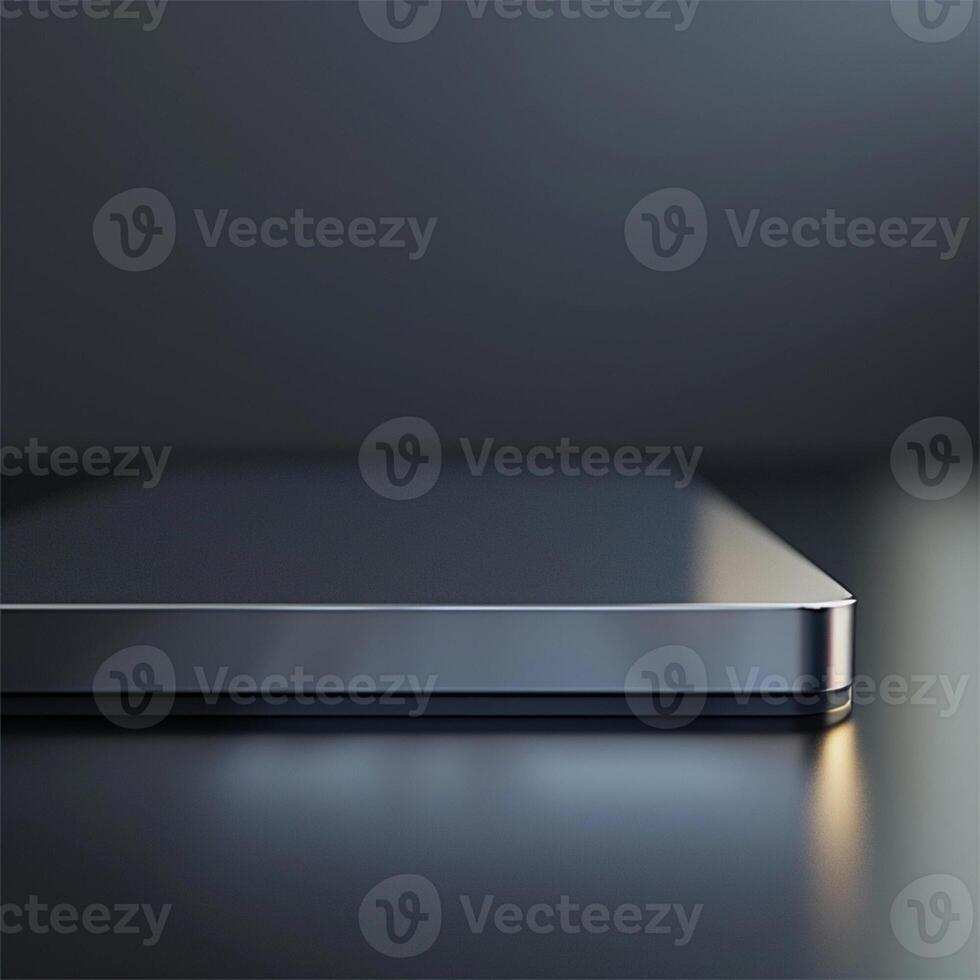 A silver laptop on a table with a dark background photo