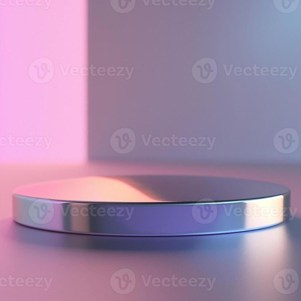 A round metal object on a table with a pink and blue background photo