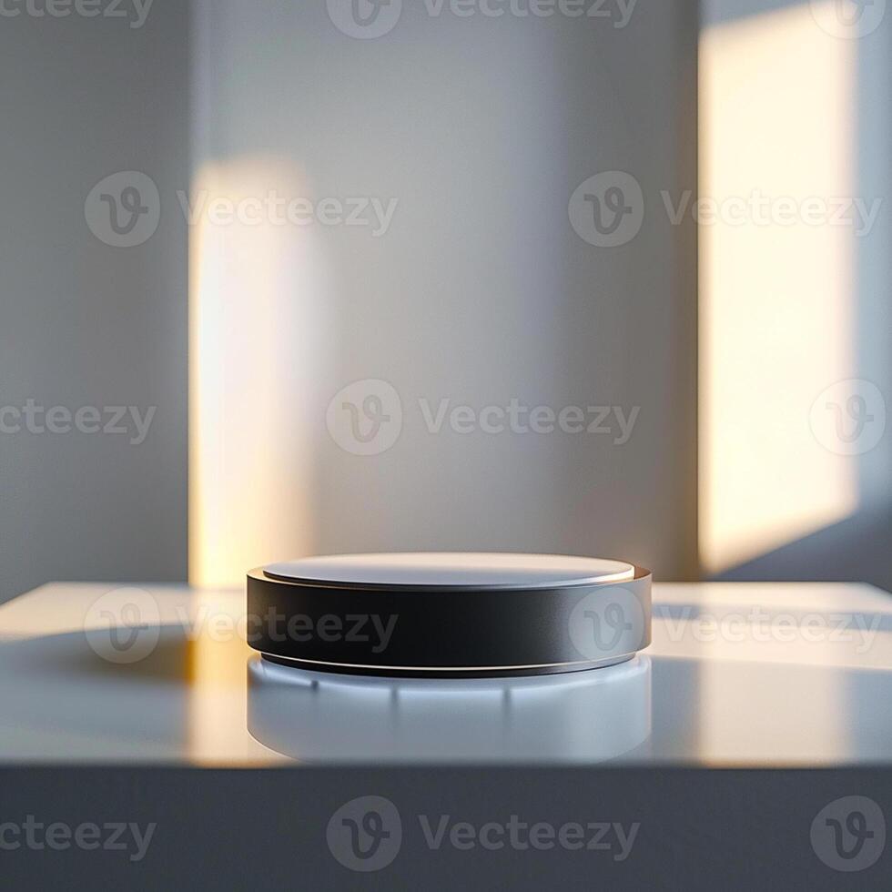 A smart speaker on a table in front of a window photo