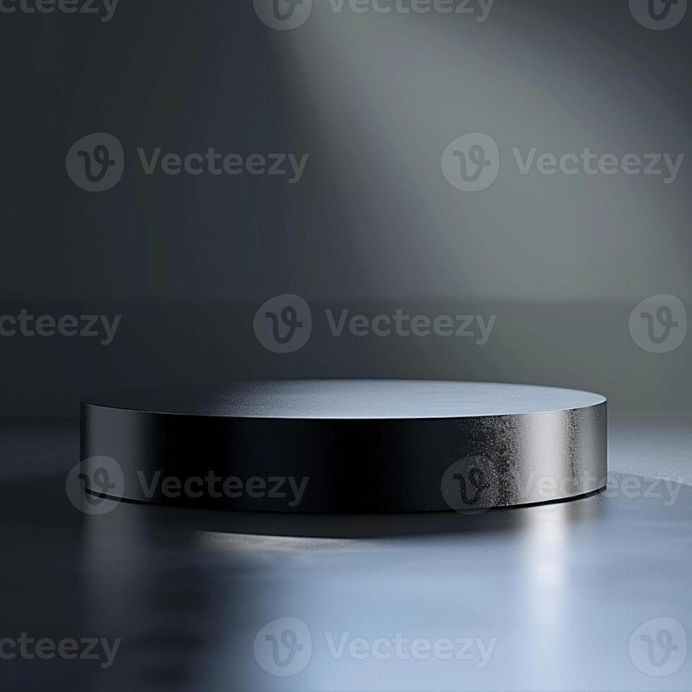 A black round table in front of a light photo