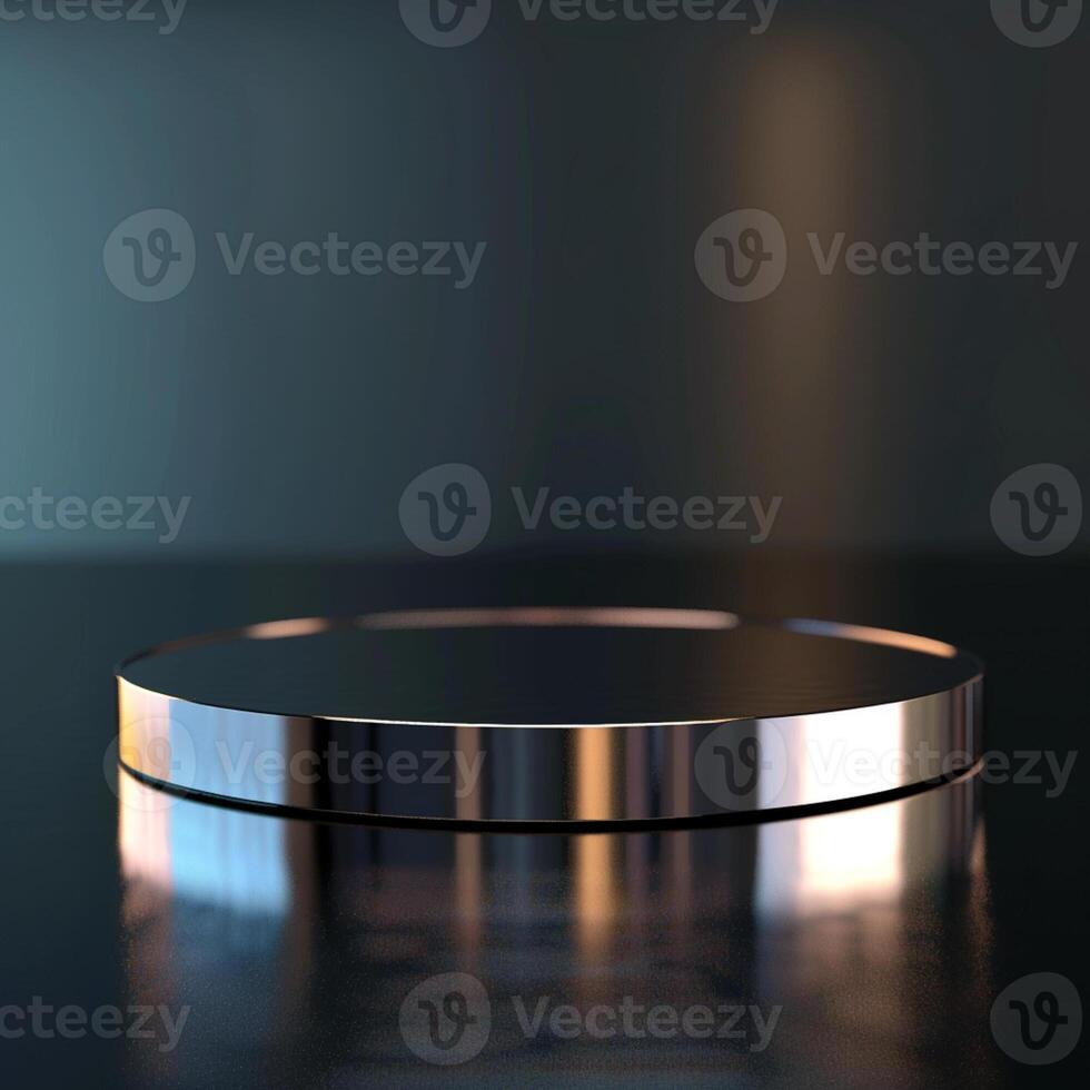 A round table with a silver surface on a dark surface photo