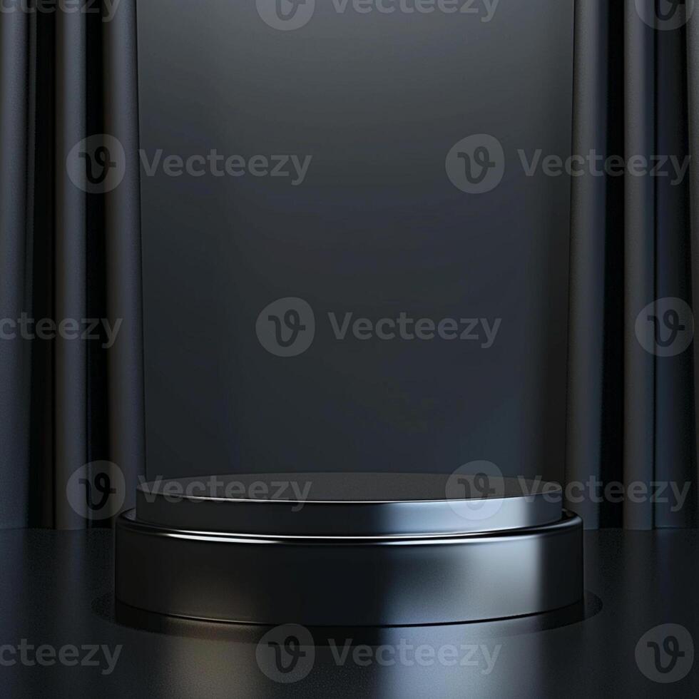 Black podium with black curtain on a dark background photo