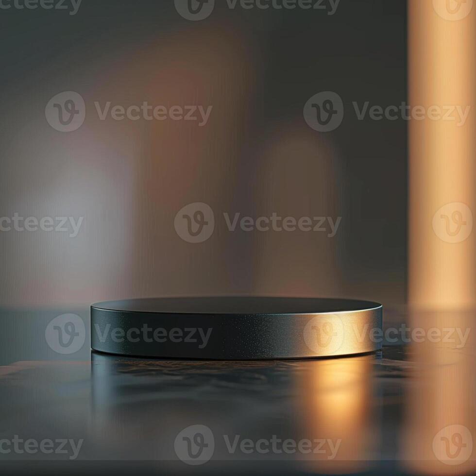 A black object sitting on a table in front of a blurry background photo