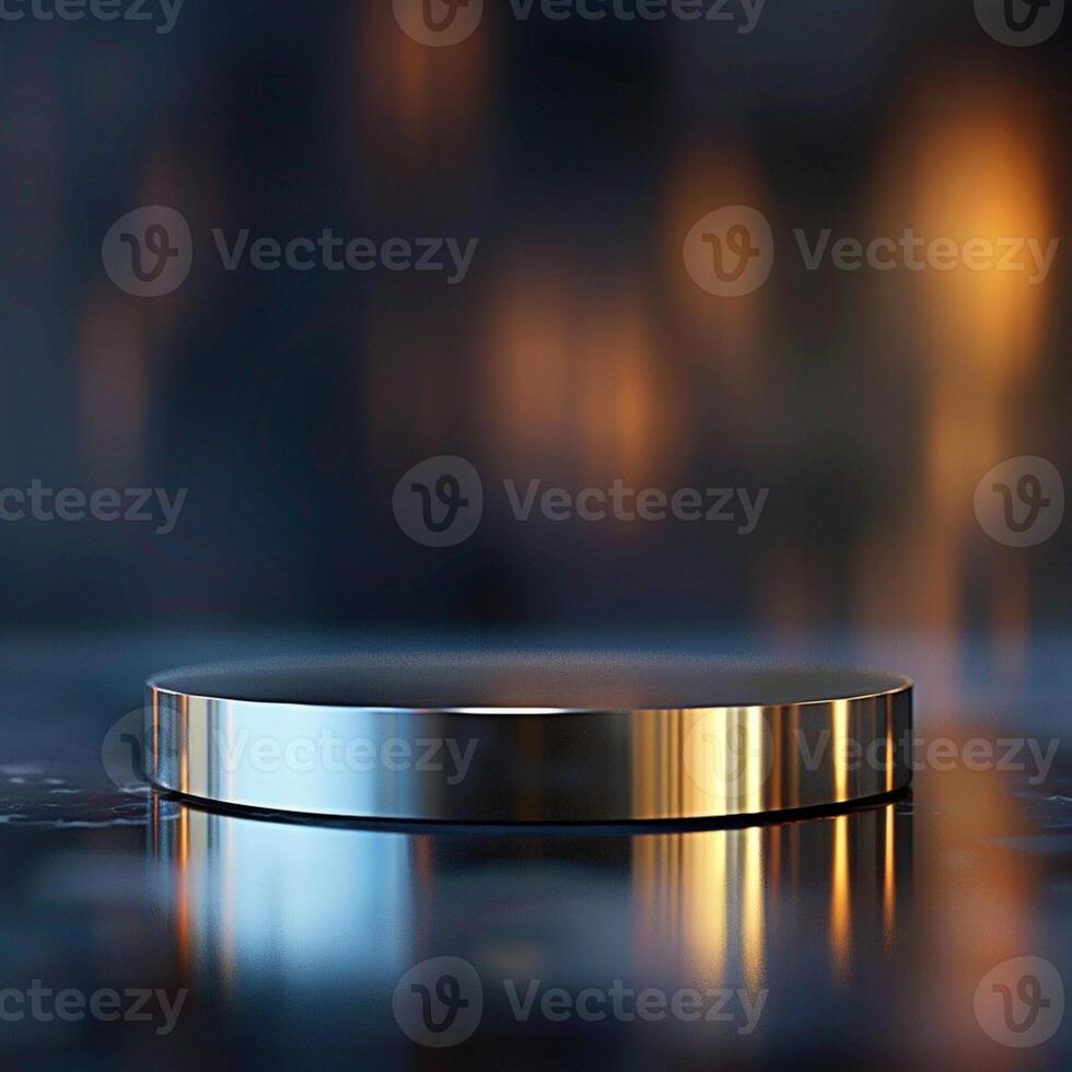 A round metal object on a table with a blurred background photo