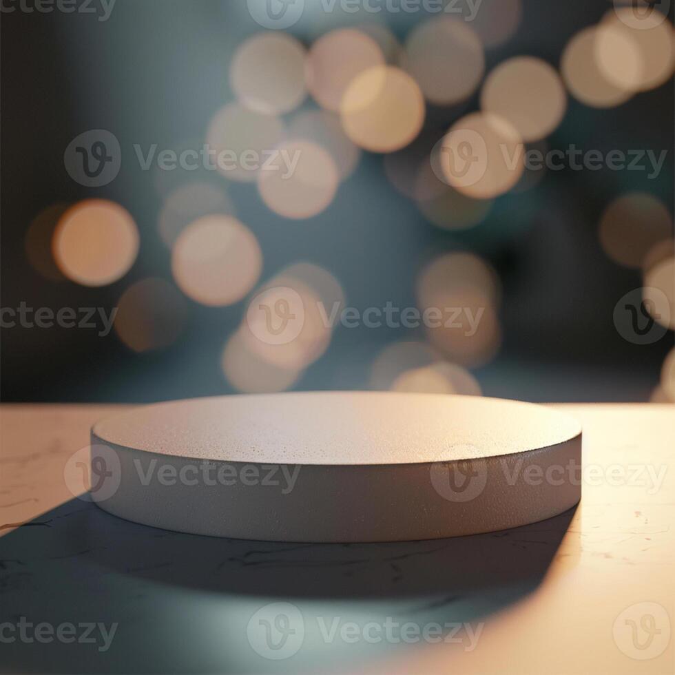 A white round table with a light in the background photo