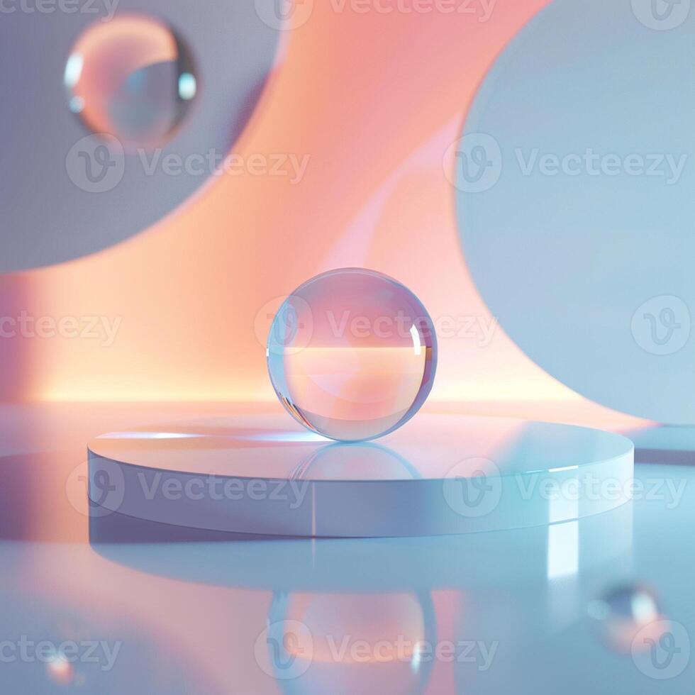 A glass sphere on a table with a pink and blue background photo