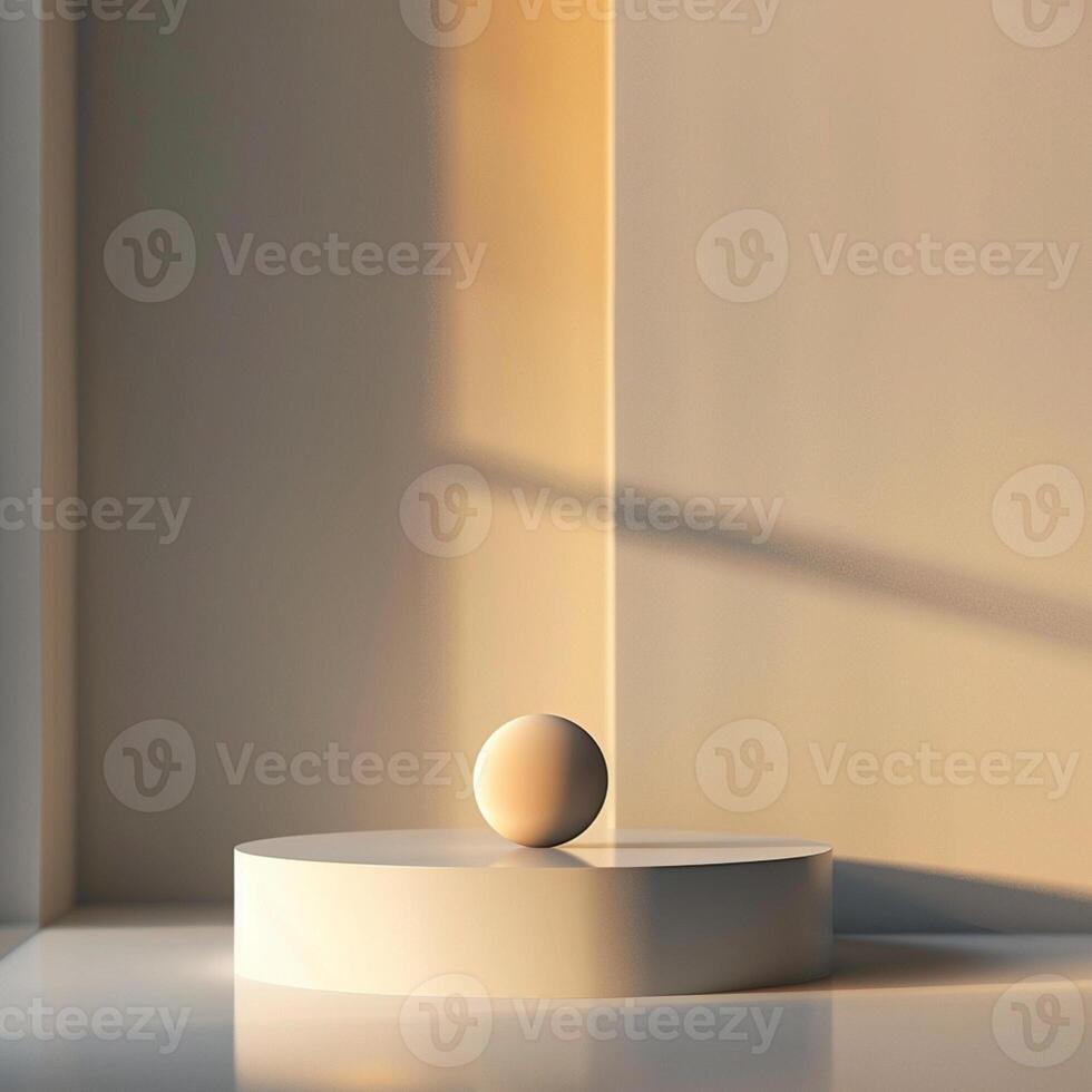 A white ball on a pedestal in front of a window photo