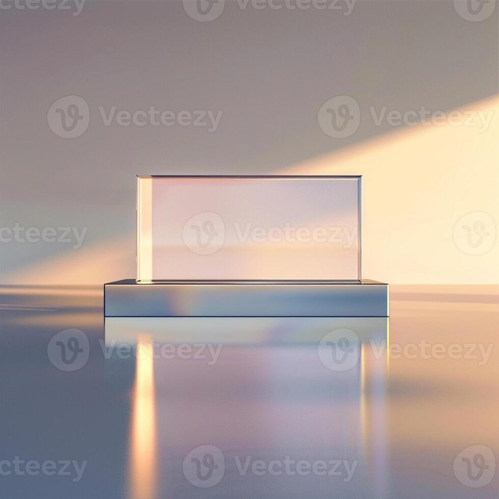 A glass box sitting on a table with a light shining on it photo