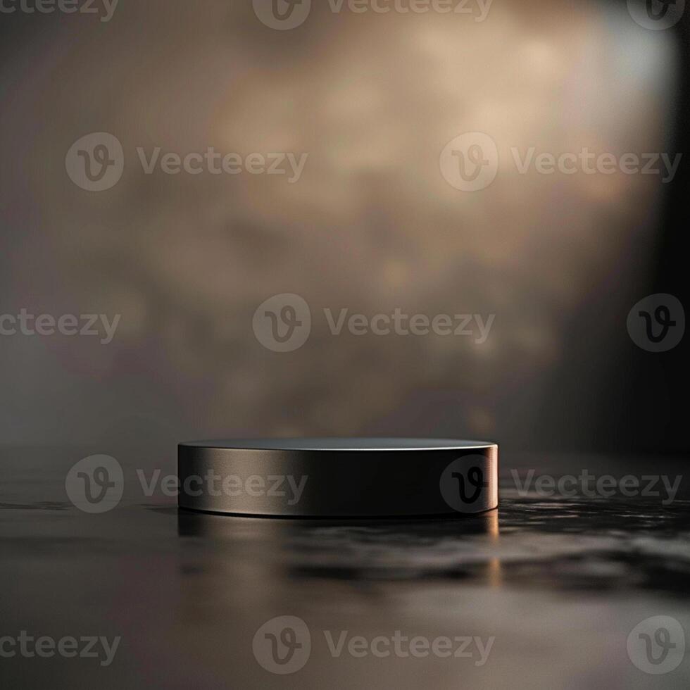 Black round object on a table with a light photo