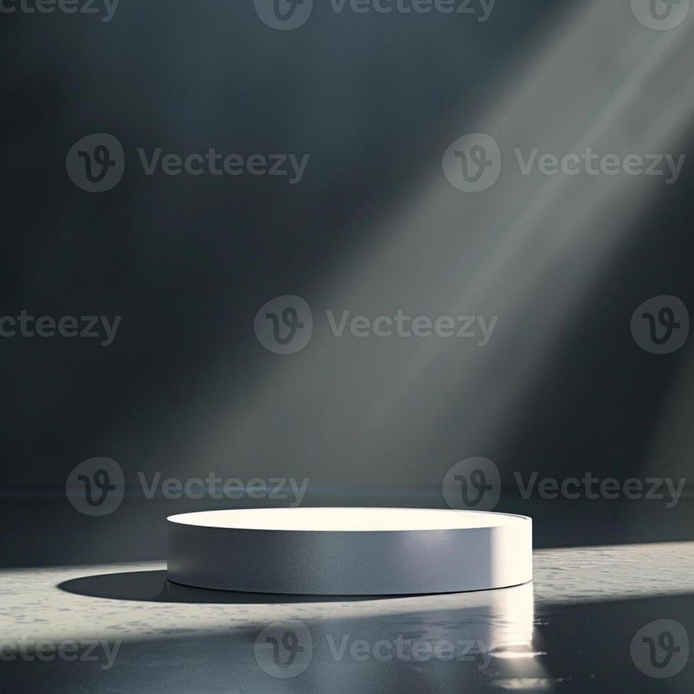 An empty white podium in front of a wall photo