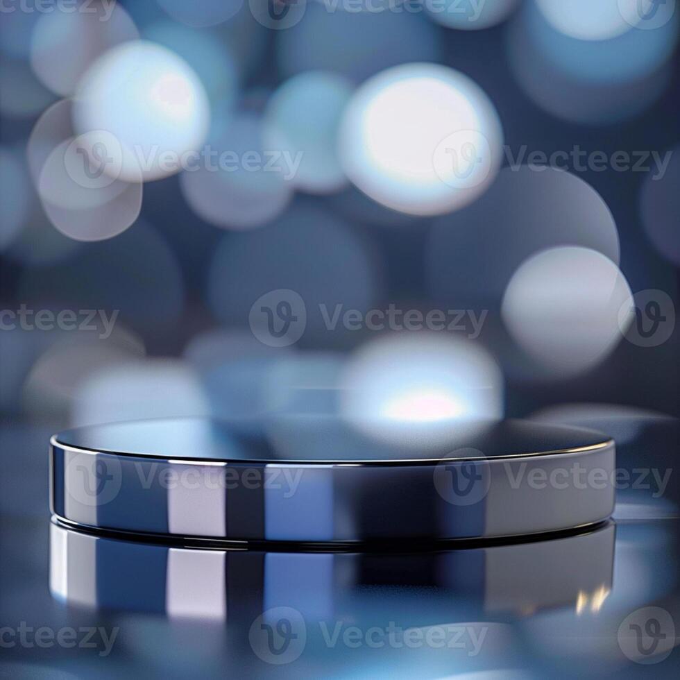 A round silver object on a table with a blue background photo