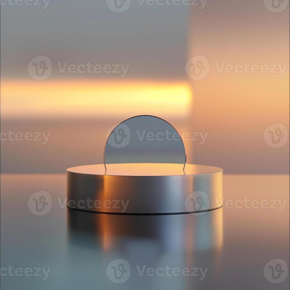 A circular object on a table with a sunset in the background photo