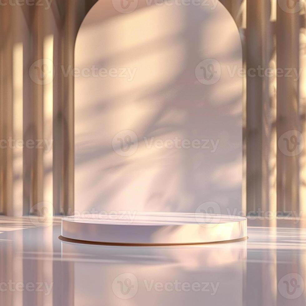 An empty white stage with a large archway photo