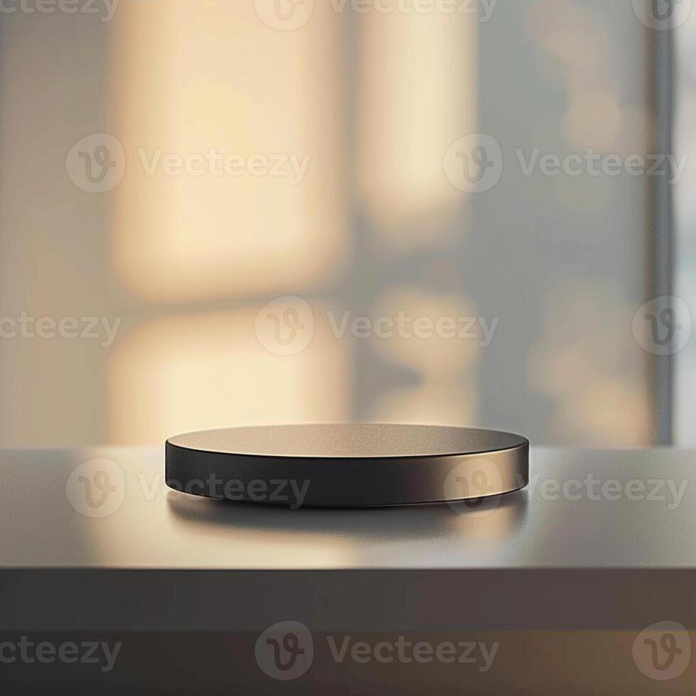 A black object on a table in front of a window photo