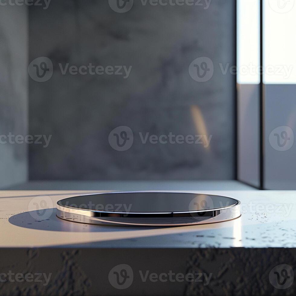 A circular object on a table in front of a window photo