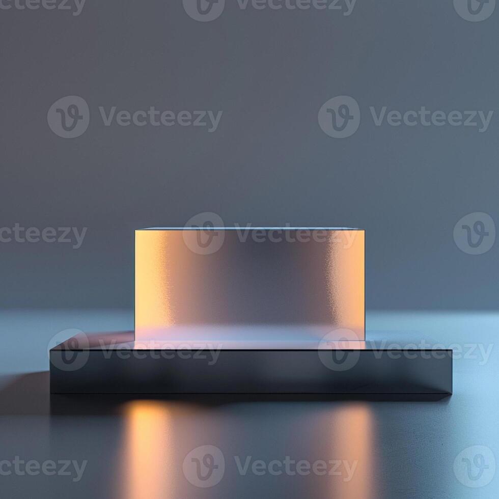 A glass block on a table with a light shining on it photo
