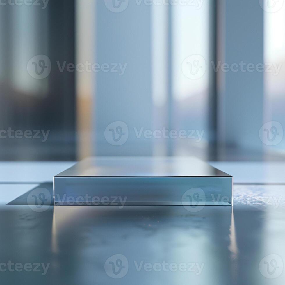 A glass box sitting on a table in front of a window photo