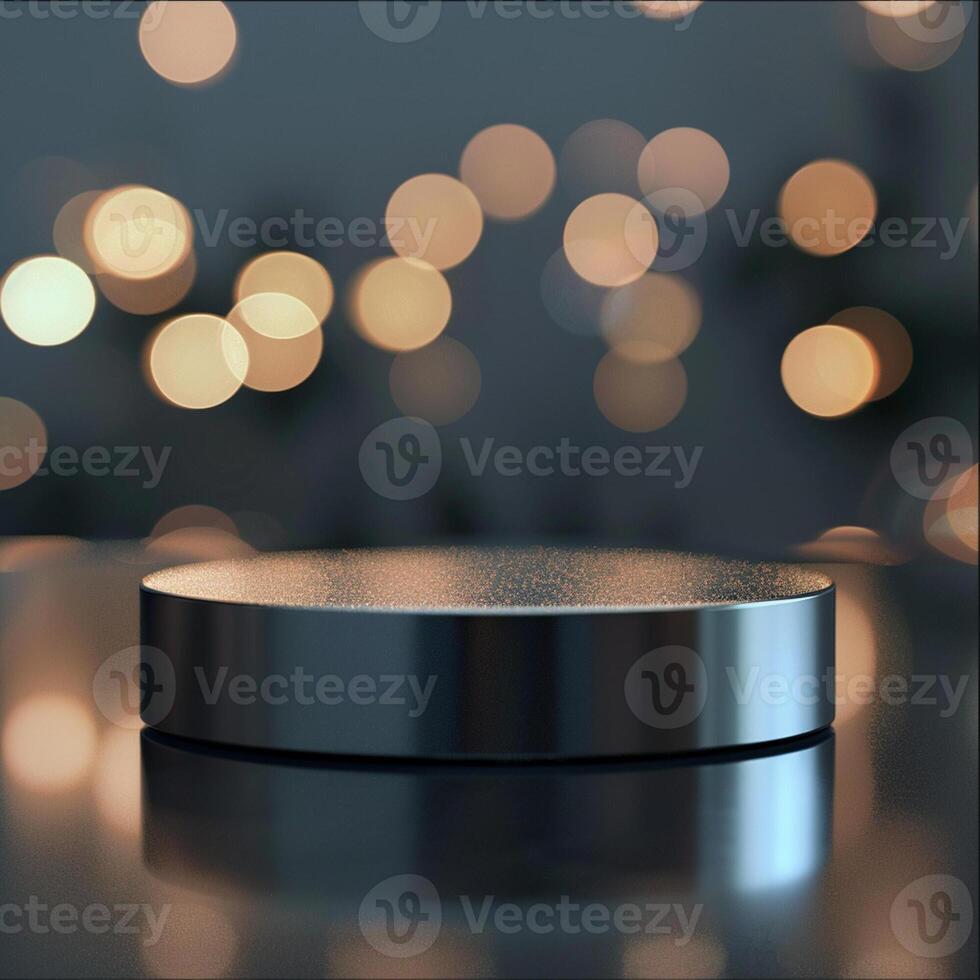 A silver object on a table with lights in the background photo