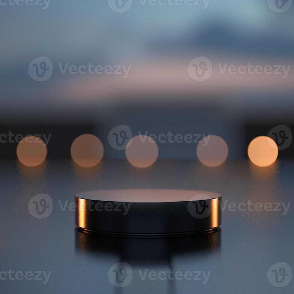A black object on a table with lights in the background photo