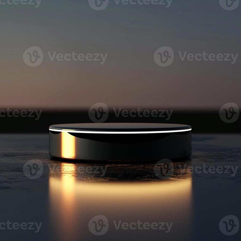 An amazon echo dot on a table in front of the sunset photo
