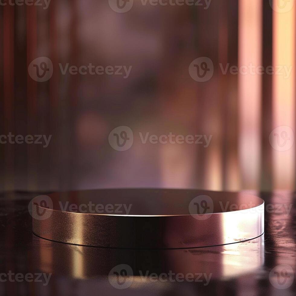 A round metal pedestal on a table with a blurred background photo