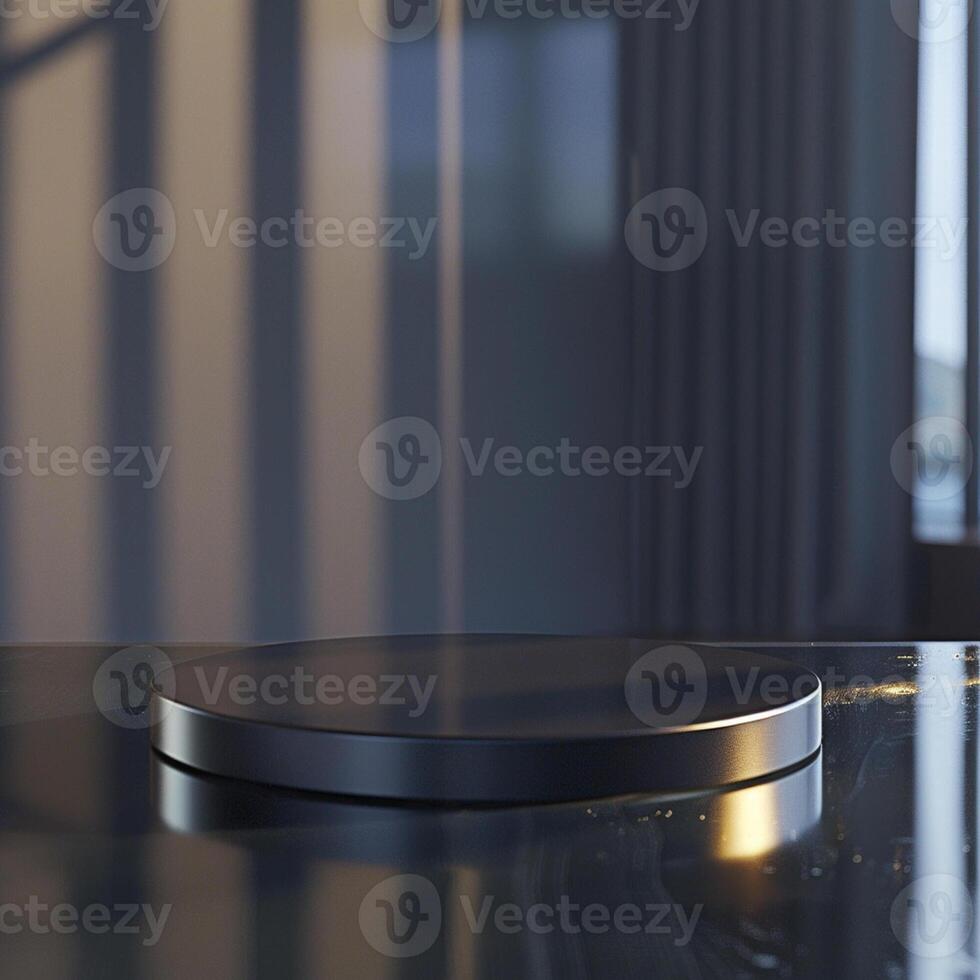 A black round table with a glass top on it photo