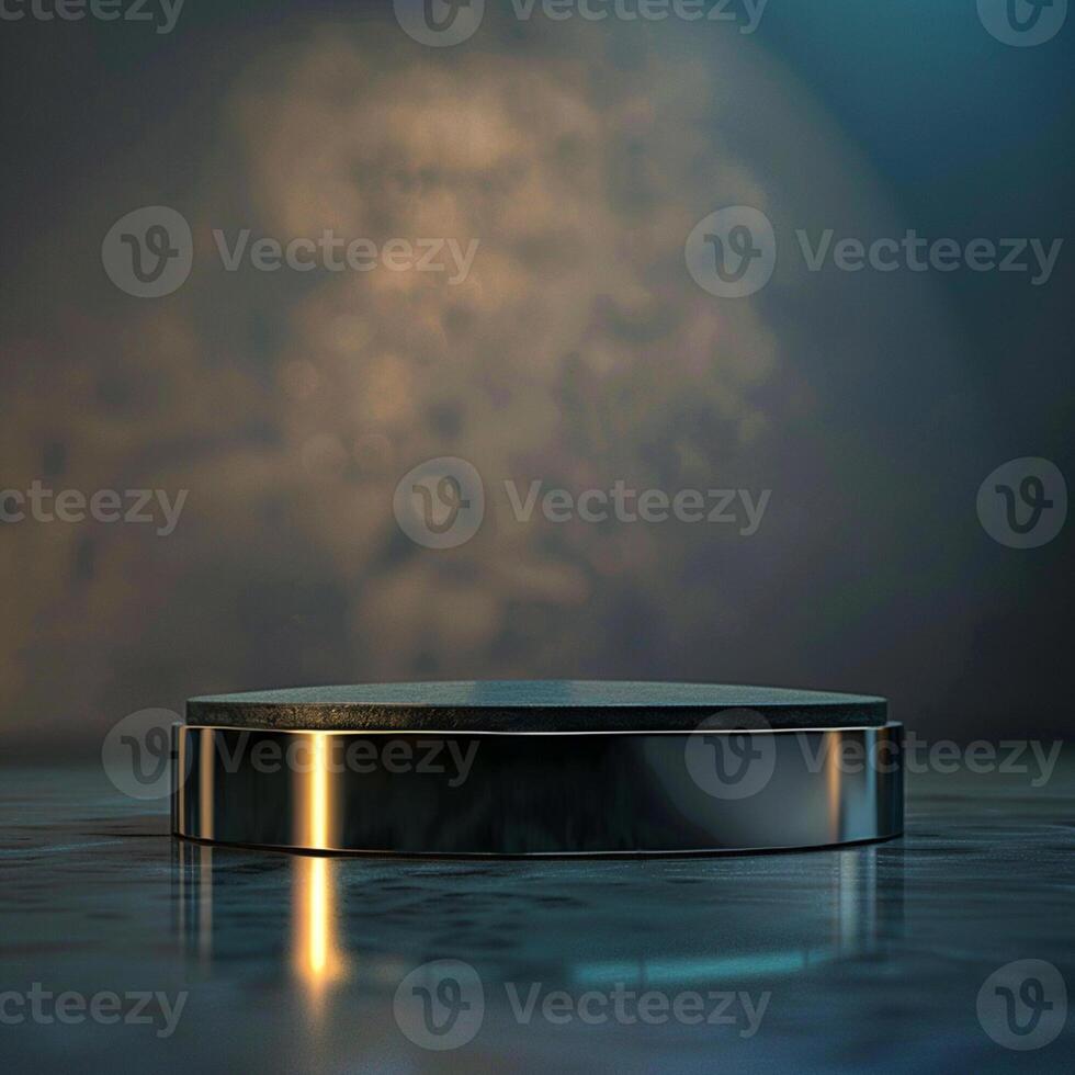 A black round podium on a table with a light photo