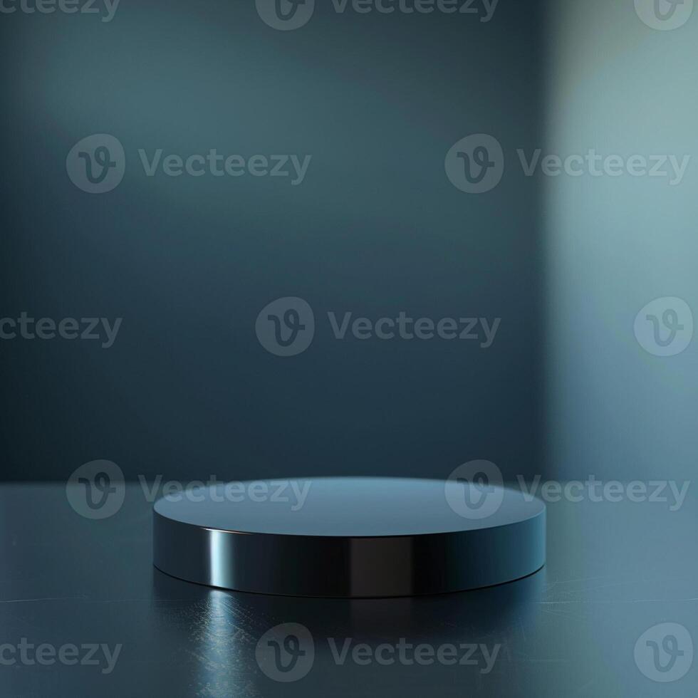 A black round object on a table in front of a dark background photo