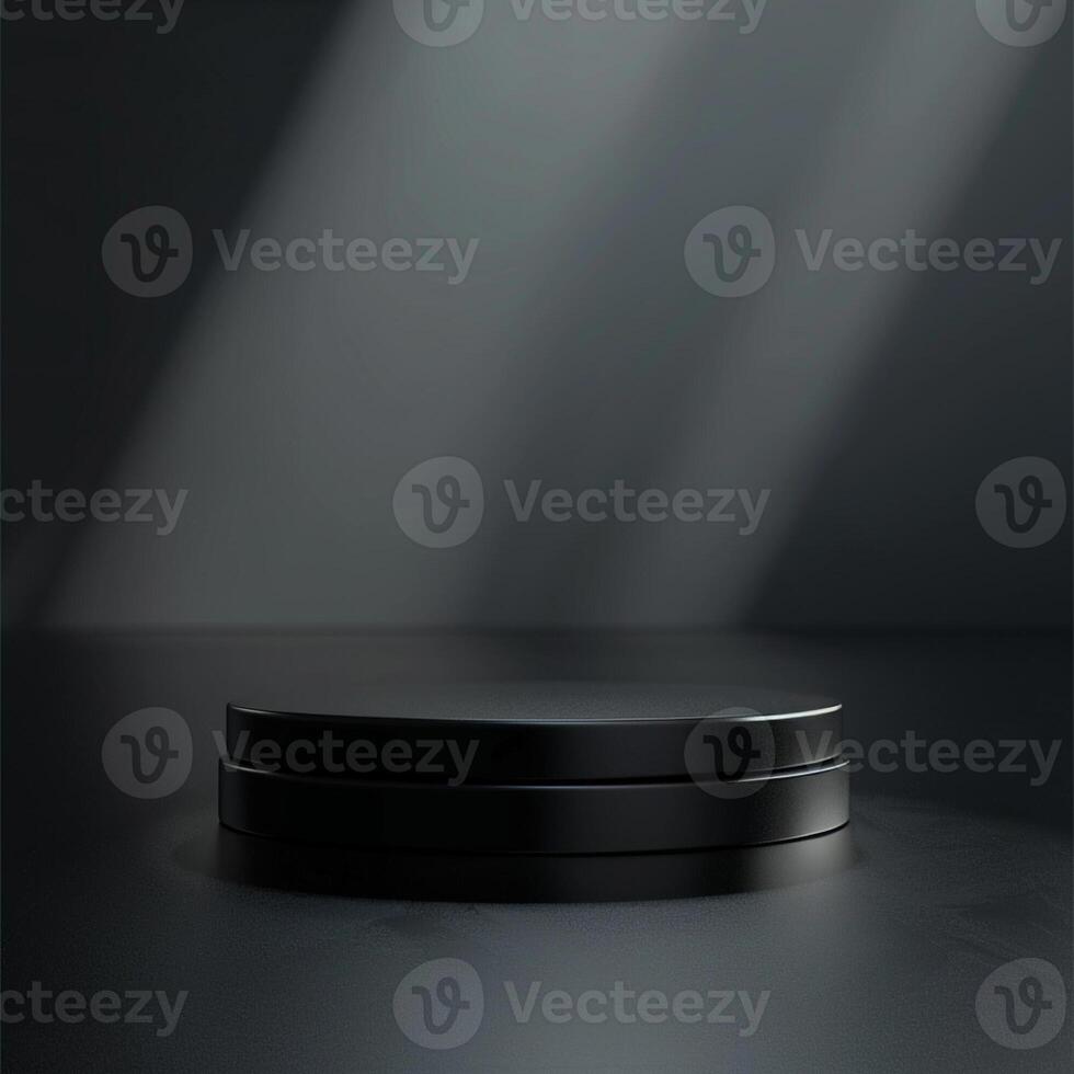 Black round podium on a dark background with light photo