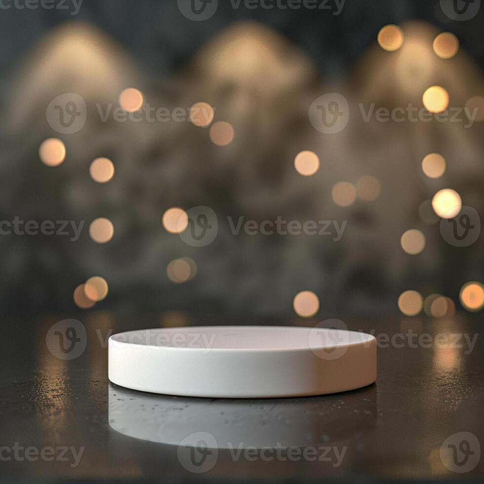 A white round object on a table in front of a blurred background photo