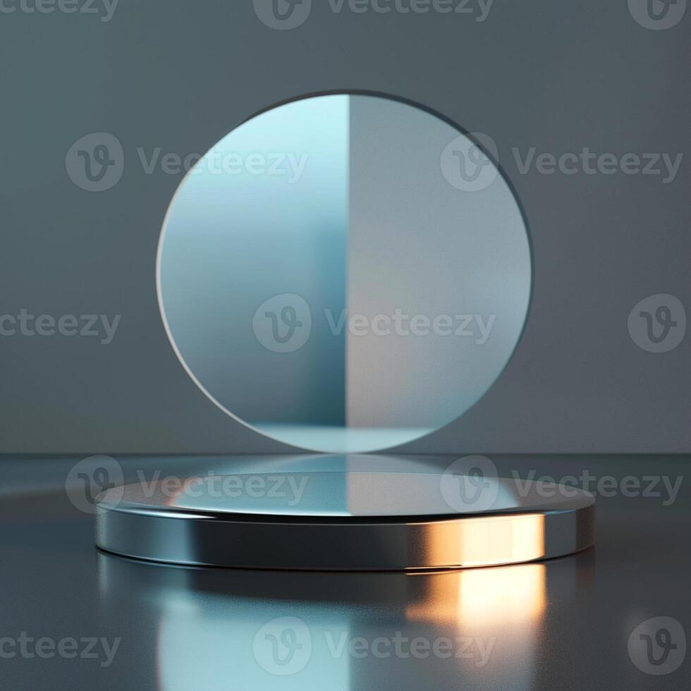 A silver mirror on a stand with a reflection of the sun photo