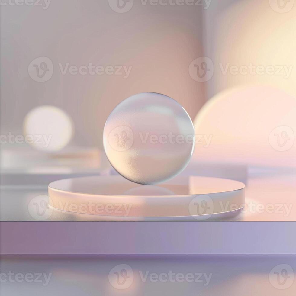 A white sphere on a white table with a light behind it photo