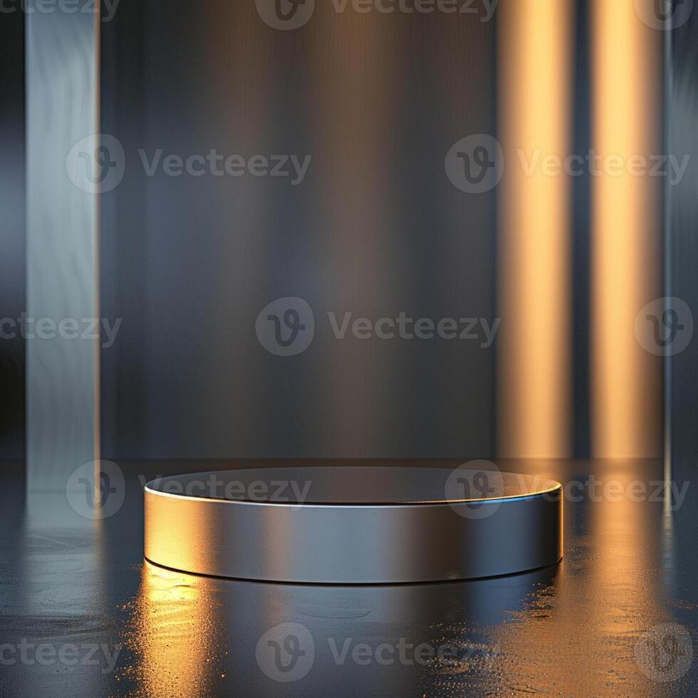 An empty podium in a dark room with light coming from the wall photo