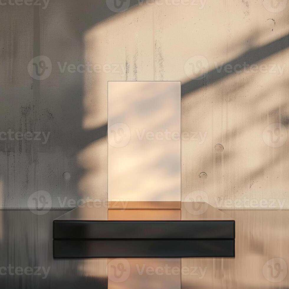 A blank white box sitting on a table in front of a wall photo