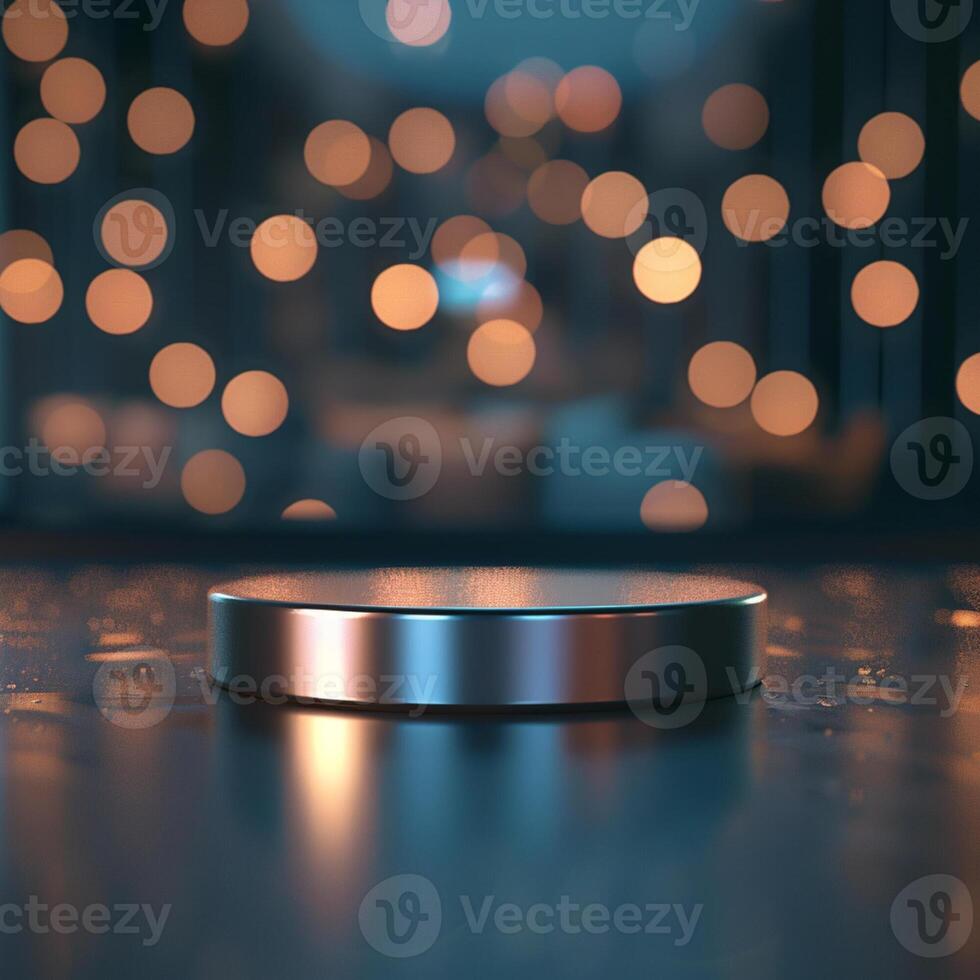 A silver object on a table in front of a blurred background photo