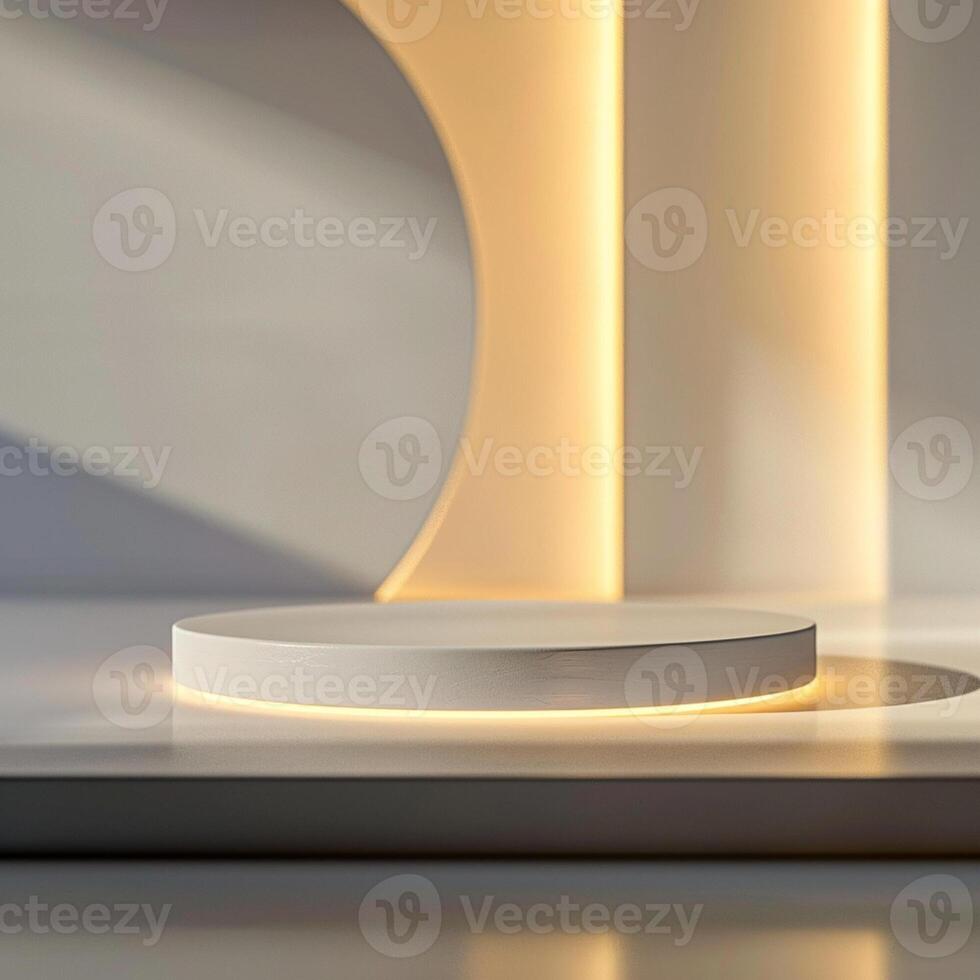 A white round table with a light shining on it photo