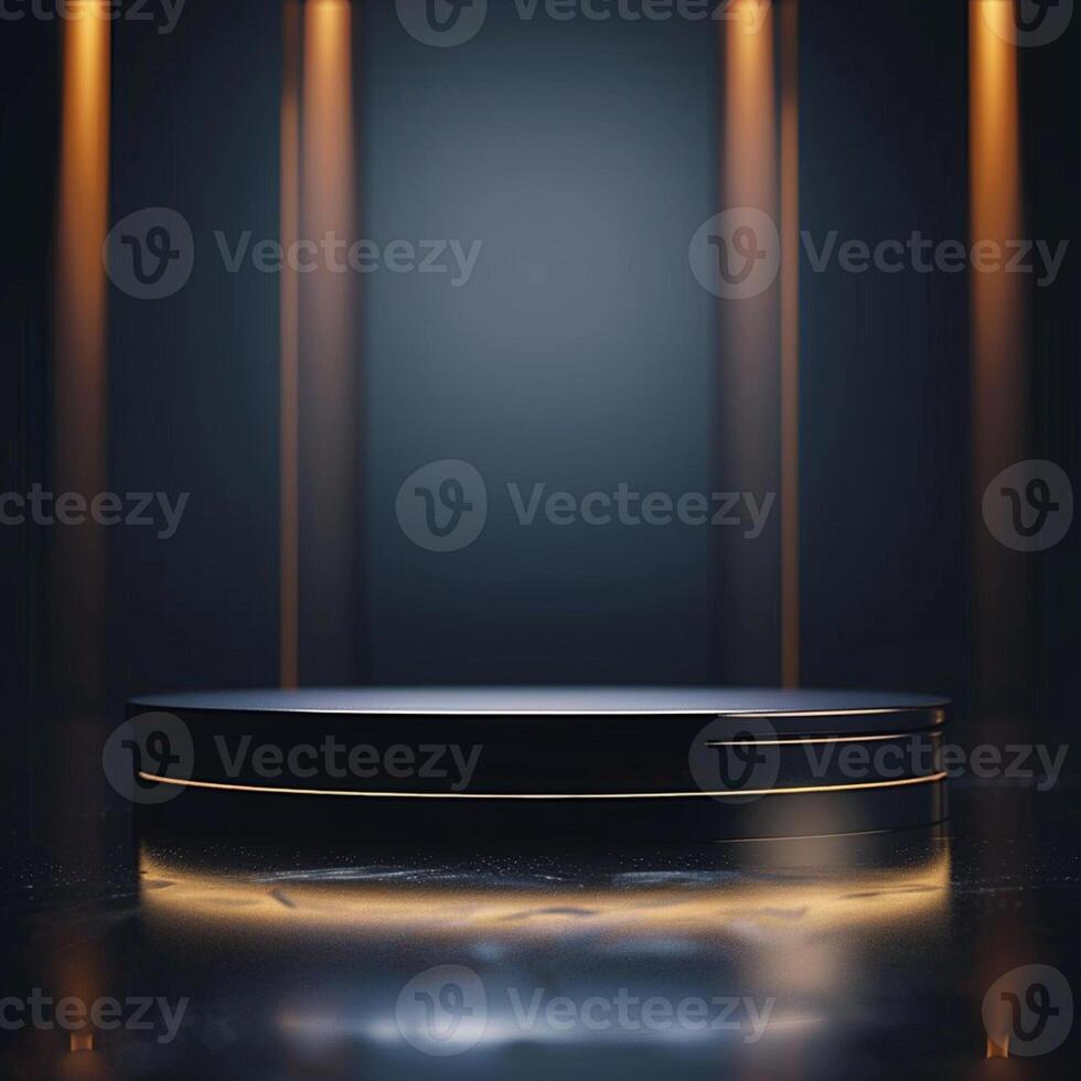 An empty black round table in a dark room photo