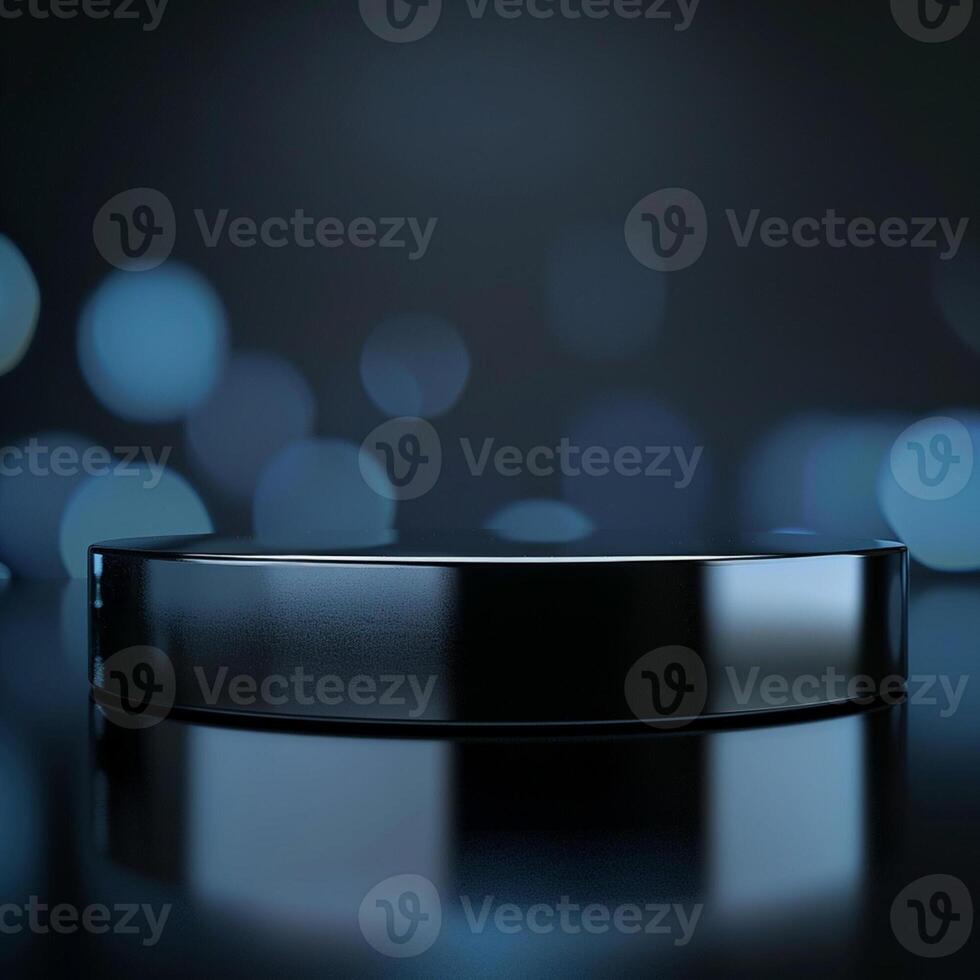 An empty black round table with a blue light photo