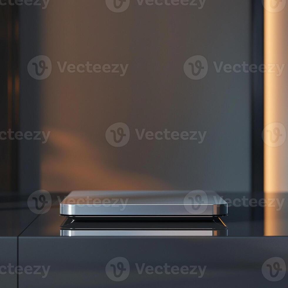 A silver box sitting on a table in front of a wall photo
