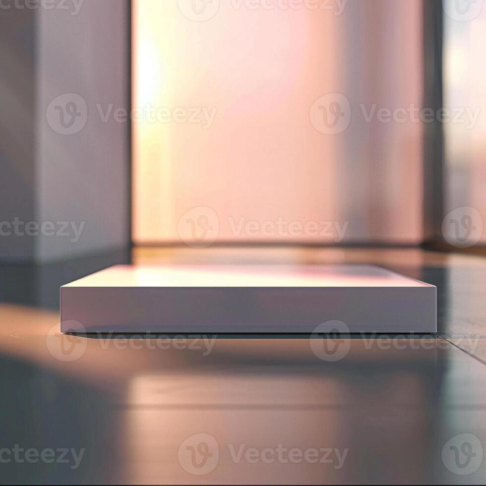 A white box sitting on the floor in front of a large window photo